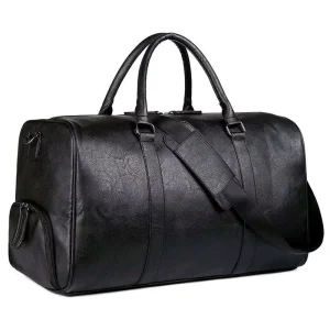 Black Waterproof Sports PU Leather Custom Men Duffel Bags Outdoor Weekender Shoulder Duffel Bag