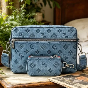 Blue Denim Embossed Men’s Crossbody Bag 2 Piece Messenger Set with Monogram Pattern