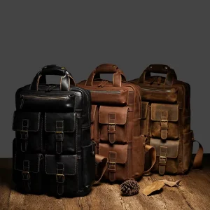 British Style Large Capacity Men’s Backpack Travel Outdoor Double Shoulder Handbag Retro Multi pocket Leather Backpack