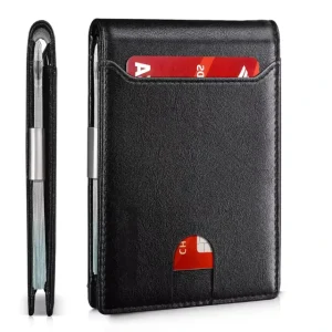 Brown Black Carbon Fiber Full Grain Leather Men’s Money Clip Wallet with RFID Blocking