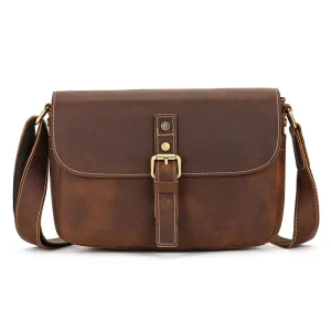 Brown Crazy Horse Leather Men’s Crossbody Bag with Flap Closure Shoulder Strap Messenger Bag for Men Daily