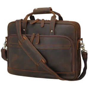 Brown Crazy Horse Leather Office Briefcase Men’s Business 15.6” Laptop Portfolio Full Grain Leather