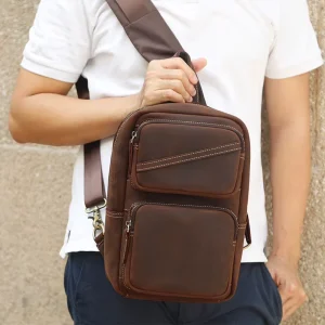 Brown Men’s Crossbody Leather Chest Bag Modern Vintage Design