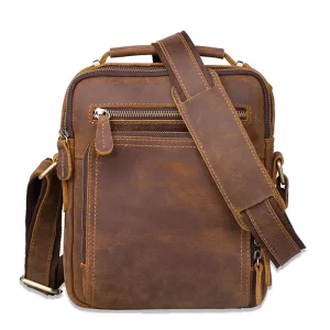 Brown Small Everyday Carry Men’s Leather Vertical Slouchy Messenger Crossbody Bag for Men