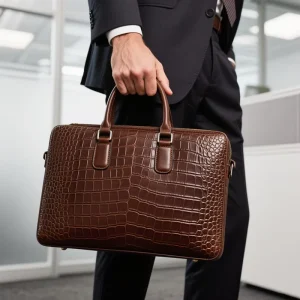 Brown Top Grain Leather Bag Durable Crocodile Pattern Briefcase Manufacturer Custom Men’s Laptop Bag for Business Use