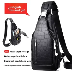 Business Elite Men’s PU Zipper Closure Chest Bag Waterproof Finish Multi Functional Design Portable