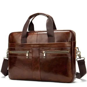 Business Laptop Waterproof Computer Handbag Crossbody Shoulder Bag Coffee Men’s Bag Soft Genuine Leather Men’s Briefcases