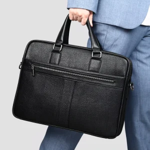 Business Men’s Genuine Leather Large Capacity 15 Inch Soft Bag with Wear Resistant Design Zipper Closure for Business Commute