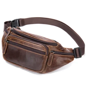 Business Men’s Sheepskin Waist Bag Outdoor Black Mobile Phone Genuine Real Leather Bag Casual Sports Crossbody Chest Bag