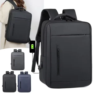 Business Men’s Waterproof Large Capacity Durable Nylon Fabric Computer Backpack USB Charging Port Zipper Closure Polyester