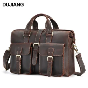 Business Office 15.6 Inch Laptop Bag Crossbody Shoulder Bag Messenger Bag Men’s Crazy Horse Leather Briefcase