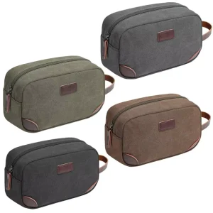 Canvas Toiletry Pouch Men’s Travel Toilet Bag Shaver Organizer With Leather Trim