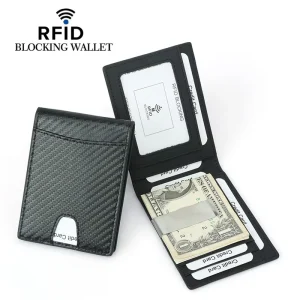 Carbon Fiber Pattern Men’s Leather Wallets RFID Blocking Card Bag Vintage Black Credit Card Holder Money Cash Clip