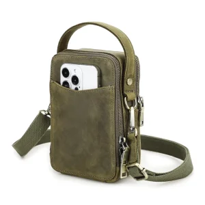 Casual Army Green Genuine Leather Crazy Horse Crossbody Bag Men Zippered Sling Phone Shoulder Messenger Bag Vintage Fashionable