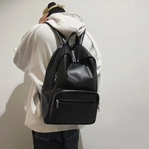 Casual Fashion Men’s Laptop Backpack PU Leather Waterproof Polyester Lining Zipper Closure
