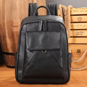 Casual Large Capacity Genuine Leather Men’s Laptop Backpack Vintage Other Style Daypack With Zipper Closure Black Bag For Men