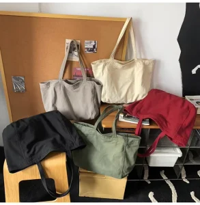Casual Large Capacity Vintage Tote Bag for Women and Men Solid Color Simple Japanese Style Shoulder Shopping Bag