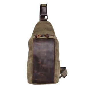 Casual Men’s Chest Bag Batik Canvas Cowhide Waterproof Crossbody Bag Outdoor Travel Small Satchel Simple Daily Small Bag
