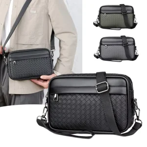 Casual Woven Single Shoulder Crossbody Bag PU Business Men Messenger Chest Bag Men Handbags Tote