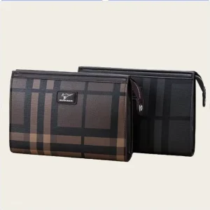 Checkerboard Plaid PU Polyester Clutch Bag Business Casual Men’s Handbag Large Capacity Breathable Cross border
