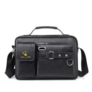 China Supplier Brand Business Black PU Vintage Fashion Men’s Waterproof Shoulder Messenger Bag with Letter Decoration