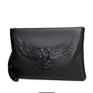 Chinese Factory Genuine Leather Men’s Clutch Envelope Bag Black Zipper Closure Waterproof Fashion Casual Business Eagle Design