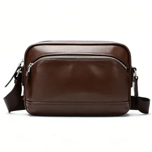 Chocolate Brown Color Cowhide Leather Men’s Crossbody Bag Casual Design Sling Bag with Cell Phone Zipper Pocket for Men Daily