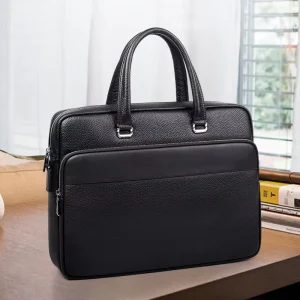 Classic Design Men’s Genuine Leather Briefcase with Laptop Pocket Detachable Strap for Man Business Trip