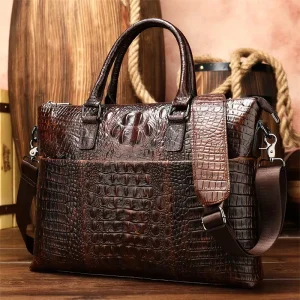 Classic Genuine Embossed Crocodile Leather Men’s Business Briefcase Luxury Office Custom Logo Zipper Closure