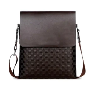 Classic Plaid Design Small Business Leather Mens Messenger Bag Shoulder Bag for Men
