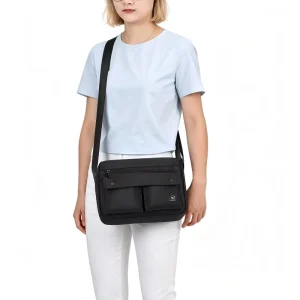 Classic Solid Black Water Resistant Nylon with Front Zipper Pocket Custom Logo Anti-Theft Crossbody Bag for Men Women
