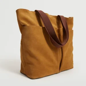 Classic Suede Leather Mens Tote Bag Hand Bag with Canvas Handle
