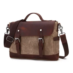 Classic Vintage Canvas and Leather Briefcase for Men Men’s Messenger Bag with Shoulder Strap for Laptops and Phones