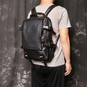 Classical Genuine Leather Laptop Backpack for Men 14 Inch Black Bag with Polyester Lining Cover Closure for Travel