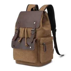 Coffee Vintage Back Pack Bag Custom Drawstring Rucksack Hipster School Man Canvas Backpack for Men