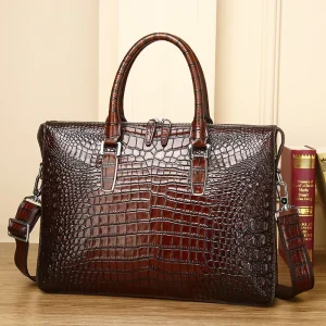Color Block Crocodile Leather Men’s Handbag Large Capacity Multi Compartment Trendy Briefcase Laptop Bag Business Shoulder