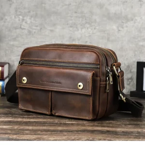Contact’s Custom Crazy Horse Leather Messenger Bag for Men 8.3 Inch Ipad Vintage Leather Crossbody Shoulder Bag Mens Satchel Bag