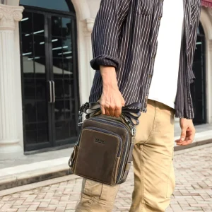 Contact’s Custom Multi Zippered Small Mens Crazy Horse Genuine Leather Messenger Shoulder Bag 8.3” Ipad Crossbody Side Bag