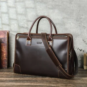 Contact’s Full Grain Oil Tanned Leather Briefcase 14.2 Inch Laptop Handbag for Men Multi Compartment Large Capacity Office Bag