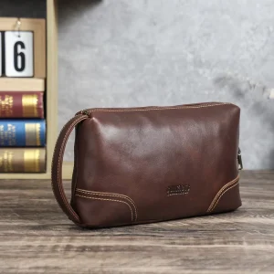 Contact’s Premium Full Grain Oil Tanned Leather Clutch Bag Men’s Side Handle Slim Portable Vintage Logo Zipper 8.3″ Tablet Daily