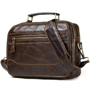 Contact’s Retro Cowhide Leather Messenger Bag for Men With Multi Zipper Pockets for 12″ Tablet Large Capacity Detachable Strap