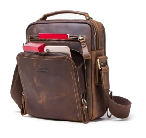 Contact’s Vintage Mens Genuine Leather Crossbody Shoulder Bag Dropship Crazy Horse Leather Messenger Bag for Men