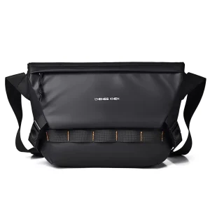 Contrast Orange Stitching Men’s Casual PU Messenger Shoulder Bag Matte Black Techwear Streetwear Waterproof Anti-Theft Durable