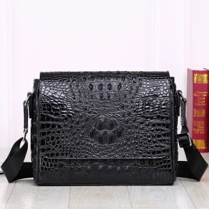 Cowhide Crocodile Skin Men’s Casual Real Leather Single Shoulder Crossbody Bag Fashionable Polyester Lining Briefcase for Travel