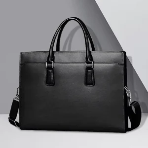 Cowhide Leather Business Man Laptop Bags with Portable Short Handle and Long Strap Men’s Briefcase for Meeting