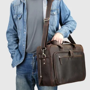 Crazy Horse Genuine Leather Business Travel Handbag Men’s Shoulder Briefcase with Laptop Bag for Lawyers