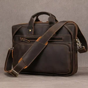 Crazy Horse Genuine Leather Men Bag Briefcases Laptop Briefcase Business Bags Crossbody Handbag Men’s Shoulder Bag