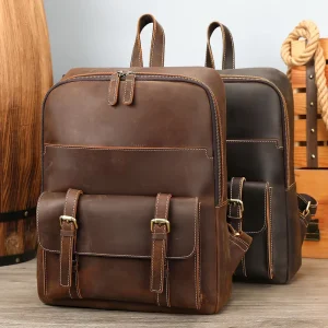 Crazy Horse Genuine Leather Men’s 15 Inch Laptop Backpack Waterproof Leather Travel Backpack