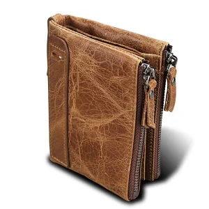 Crazy Horse Genuine Leather Men’s Wallet RFID Anti Theft Brushed Short Card Holder Money Clip Double Zipper Coin Purse