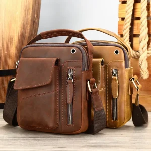 Crazy Horse Genuine Leather Small Bags Top Handle Handbag Purse Leather Crossbody Shoulder Bag Men’s Messenger Bags
